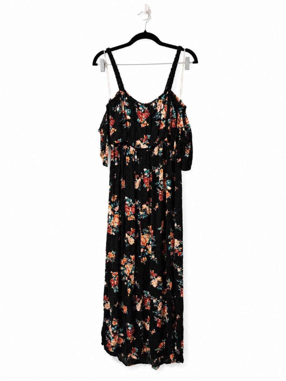 No Boundaries Black Floral Cold Shoulder Maxi Dress Women's XL 15-17 Boho